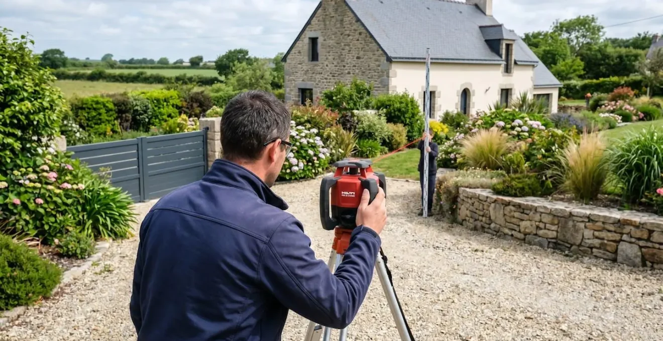 Un professionnel vu de dos utilise un niveau laser pour mesurer la pente d'un terrain résidentiel en Bretagne, portail aluminium visible en arrière-plan