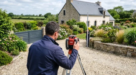 Un professionnel vu de dos utilise un niveau laser pour mesurer la pente d'un terrain résidentiel en Bretagne, portail aluminium visible en arrière-plan