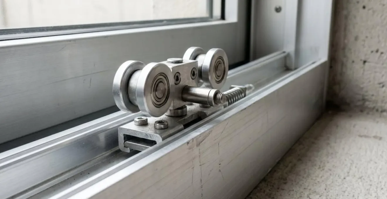 Vue rapprochée détaillée du système de galets et rail compensé d'un portail coulissant, arrière-plan flouté