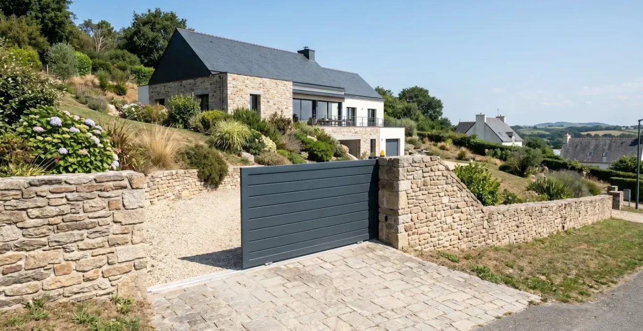 Portail aluminium coulissant motorisé installé sur un terrain résidentiel en pente visible, maison contemporaine en Bretagne, environnement soigné