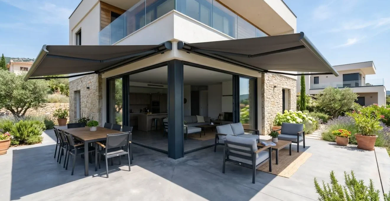 Vue grand angle d'une terrasse contemporaine française avec store banne déployé, grande baie vitrée coulissante en arrière-plan, mobilier extérieur moderne, contraste marqué entre la zone ensoleillée et la zone ombragée sous le store