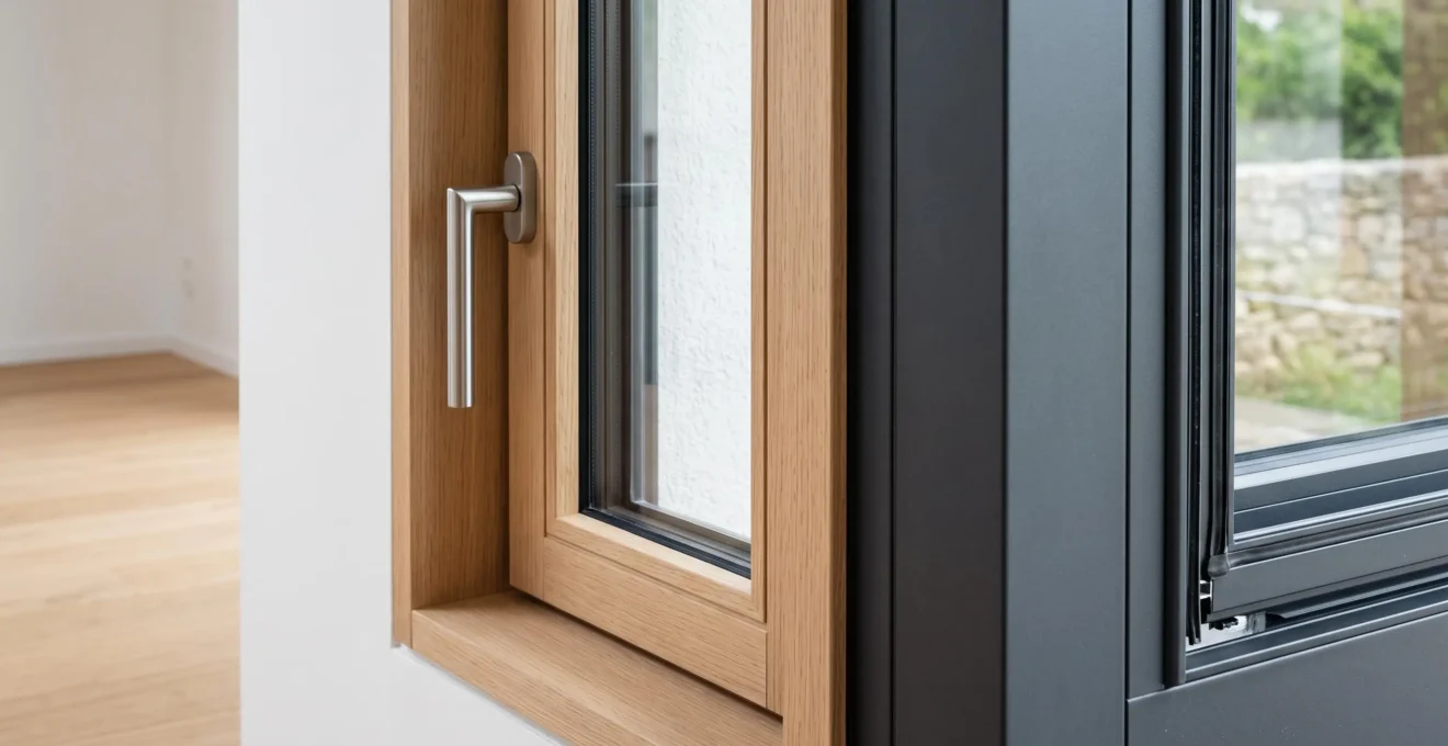 Angle d'une fenêtre hybride bois-aluminium montrant la face intérieure en chêne clair naturel et la face extérieure aluminium gris anthracite, installée dans un intérieur résidentiel contemporain haut de gamme