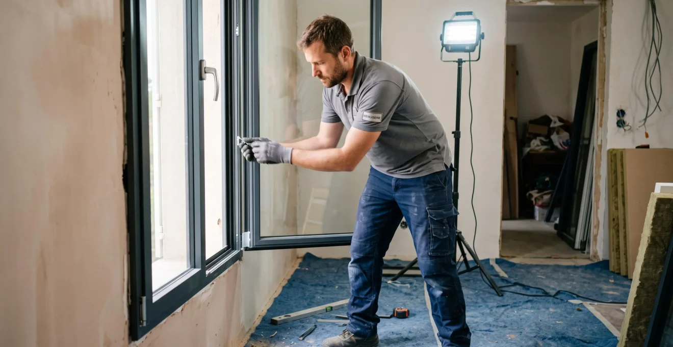 Artisan poseur ajustant une fenêtre aluminium gris anthracite anodisé dans une ouverture murale sur chantier de rénovation résidentielle, mains sur le cadre et regard concentré sur l'alignement