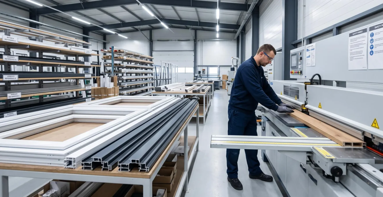Atelier de fabrication de menuiseries sur mesure montrant des profilés PVC blancs, aluminium gris et bois alignés sur table d'assemblage, avec un technicien opérant une machine de découpe en arrière-plan dans une usine industrielle moderne