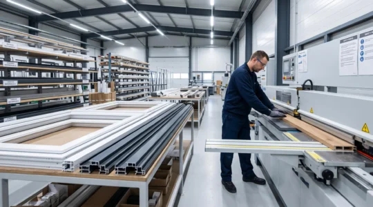 Atelier de fabrication de menuiseries sur mesure montrant des profilés PVC blancs, aluminium gris et bois alignés sur table d'assemblage, avec un technicien opérant une machine de découpe en arrière-plan dans une usine industrielle moderne