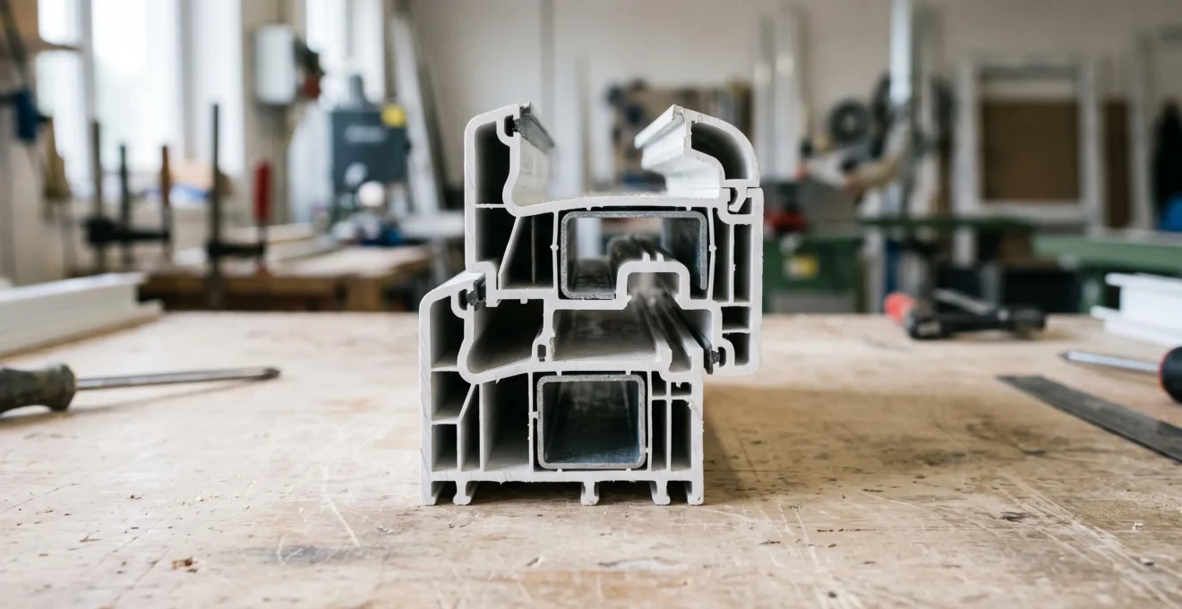 Section transversale d'un profilé PVC blanc de fenêtre montrant la structure interne multi-chambres de décompression et l'insert métallique de renfort central