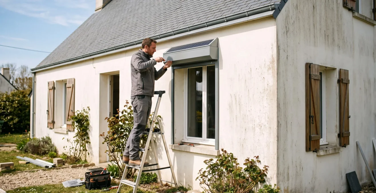Un installateur pose un volet roulant solaire au-dessus d'une fenêtre exposée au sud d'une maison vendéenne en rénovation.