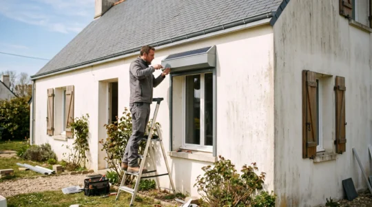 Un installateur pose un volet roulant solaire au-dessus d'une fenêtre exposée au sud d'une maison vendéenne en rénovation.