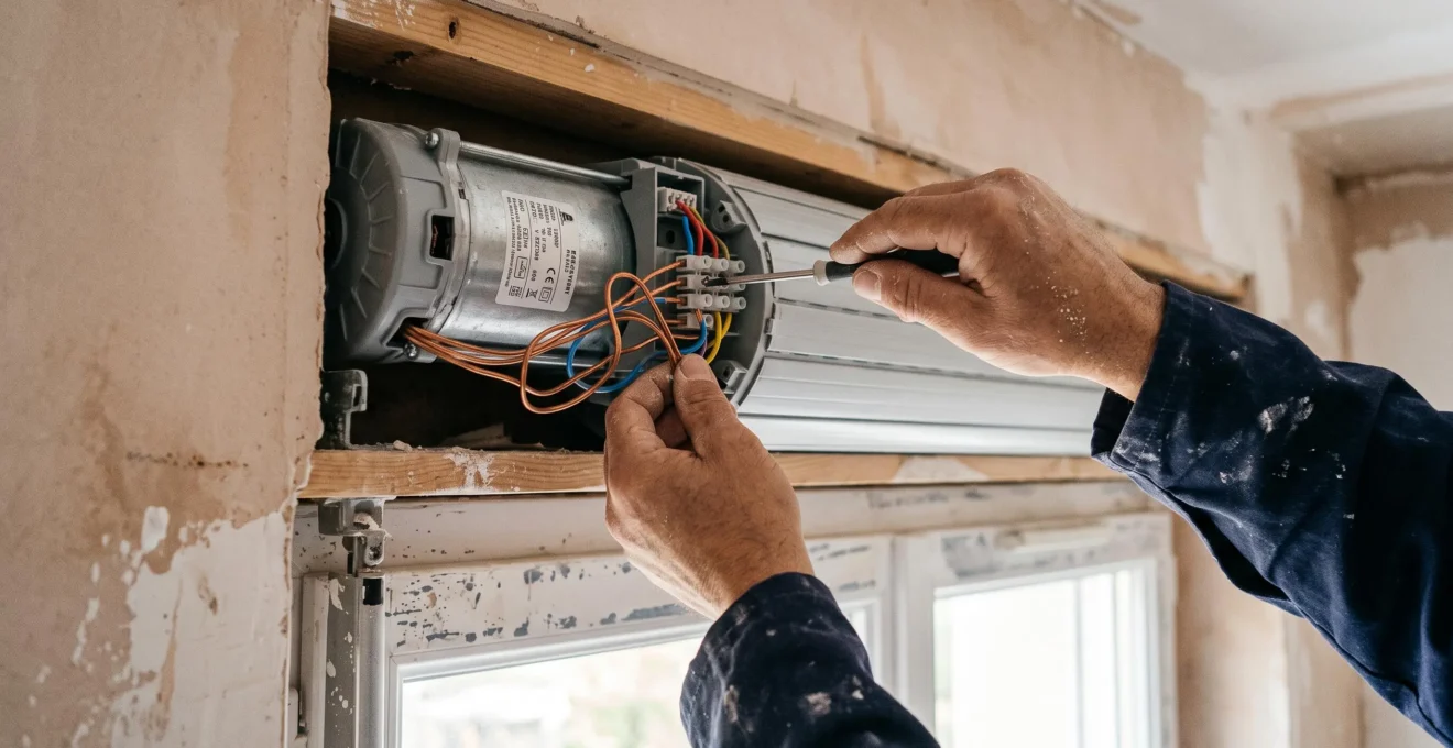 Gros plan sur les mains d'un électricien raccordant le moteur d'un volet roulant filaire au-dessus d'une fenêtre en rénovation.