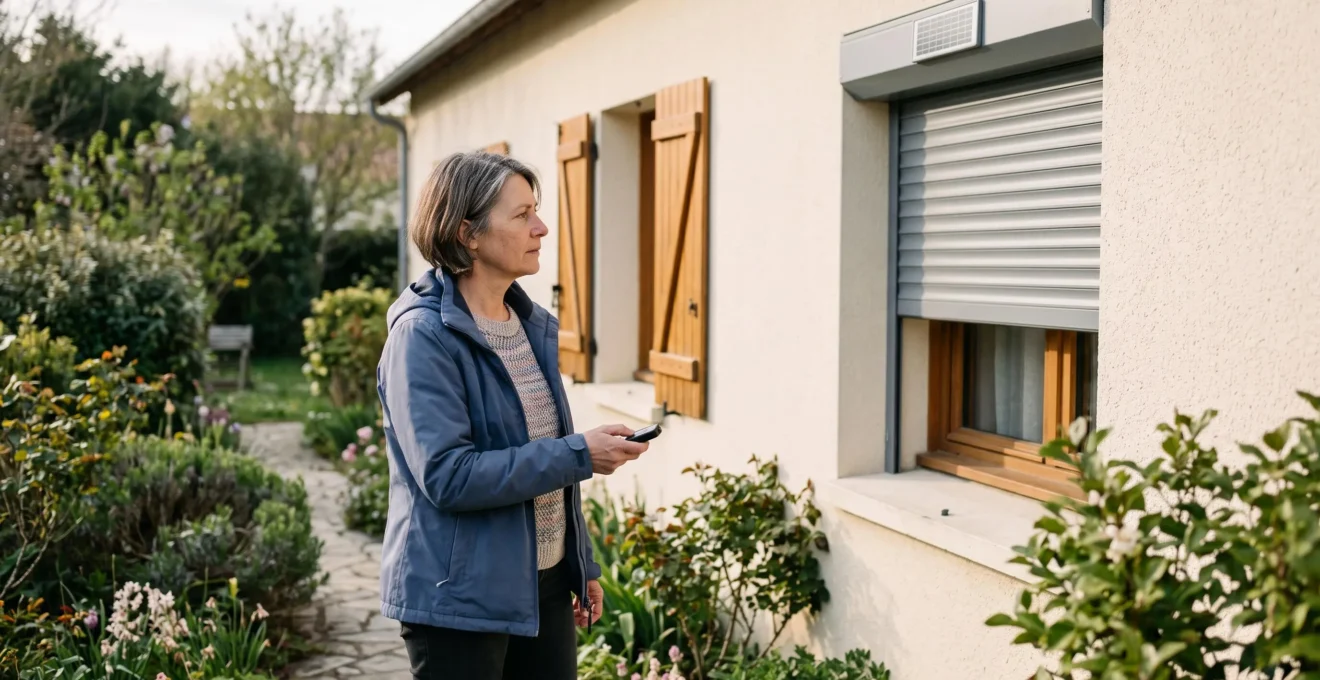 Une propriétaire teste à la télécommande un volet roulant solaire fraîchement posé sur sa maison en Vendée.